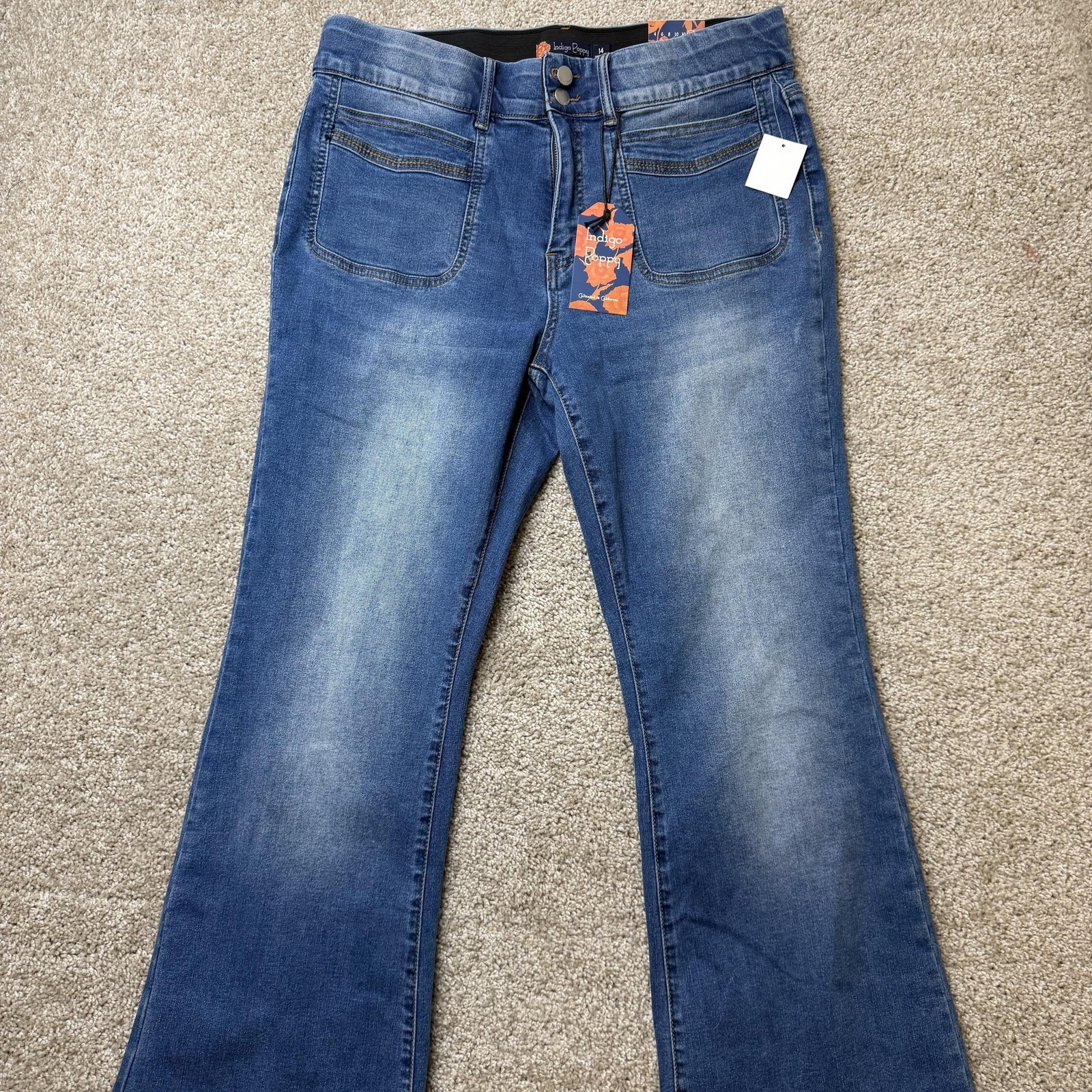 Indigo Poppy High Rise Slim Bootcut Jeans Womens 14 Medium Wash Stretch Denim